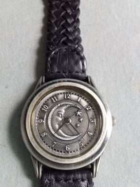 Legends Celestial Moon Face‎ Watch Silver Tone Braided Leather Strap 84-315